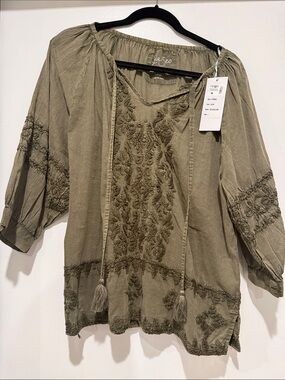 Kyla Seo Olive Embroidered Peasant Blouse for Women